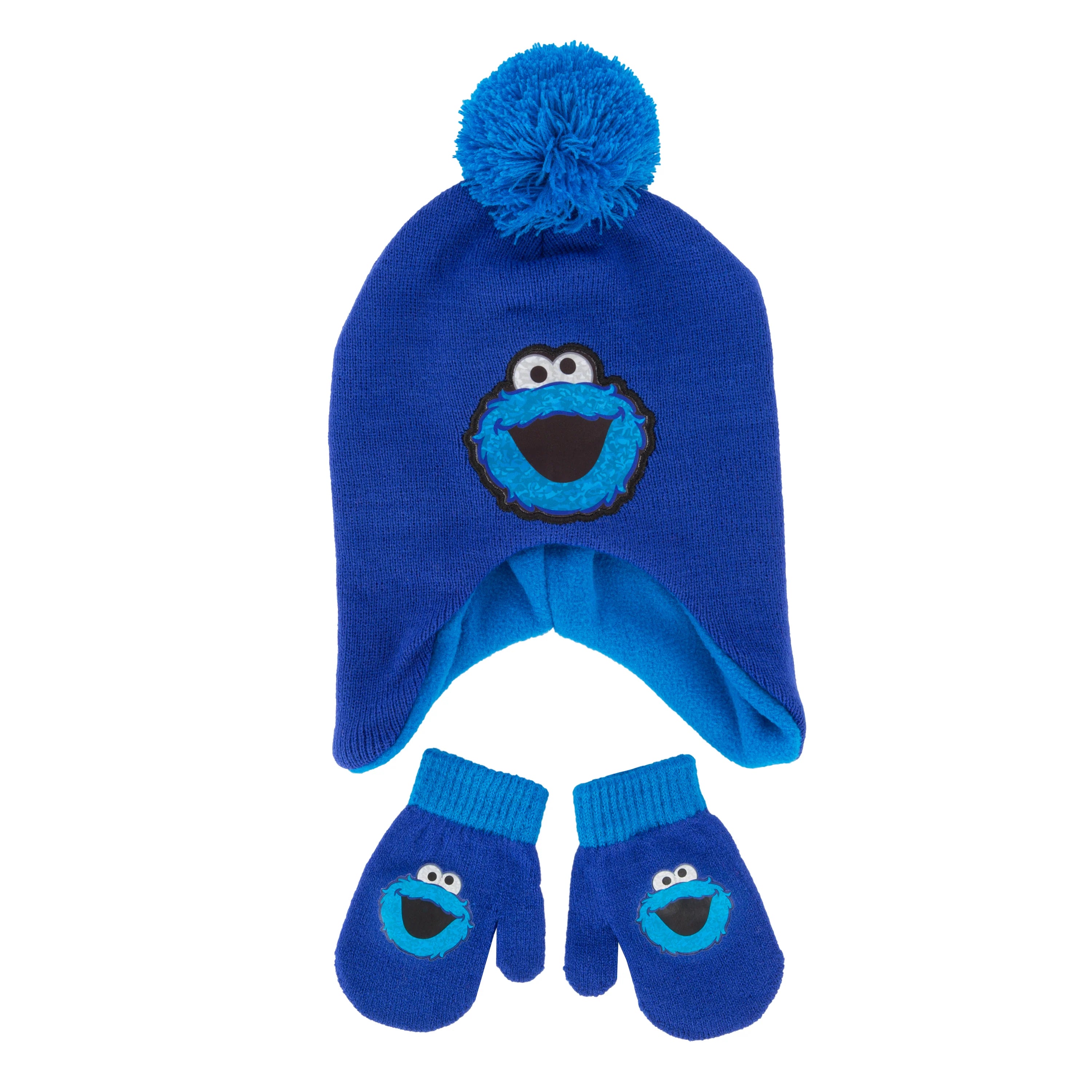 Toddler Cookie Monster Pom Earflap Beanie & Mitten Set